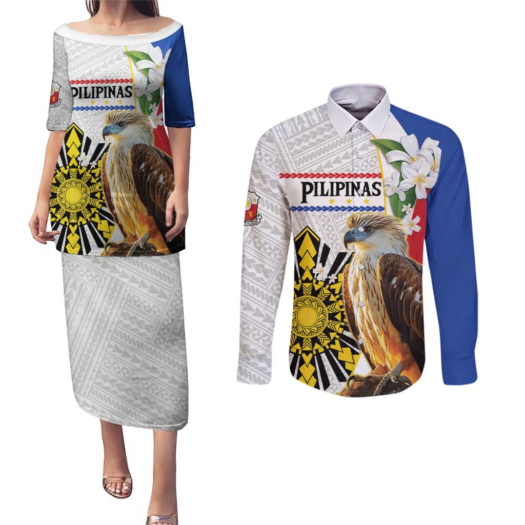 Personalised Philippines Eagle Couples Matching Puletasi and Long Sleeve Button Shirt Filipino Sun Mix Sampaguita Flower LT14 White - Polynesian Pride