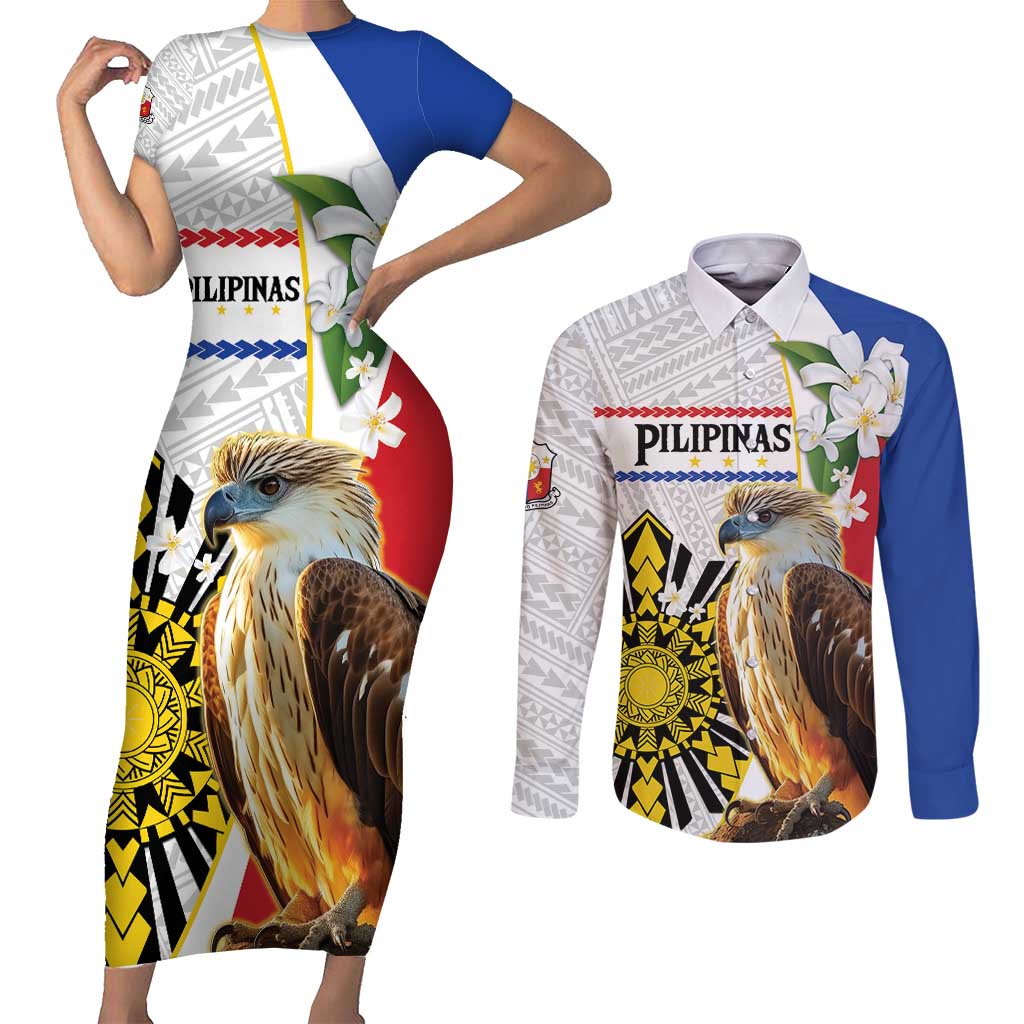Personalised Philippines Eagle Couples Matching Short Sleeve Bodycon Dress and Long Sleeve Button Shirt Filipino Sun Mix Sampaguita Flower LT14 White - Polynesian Pride