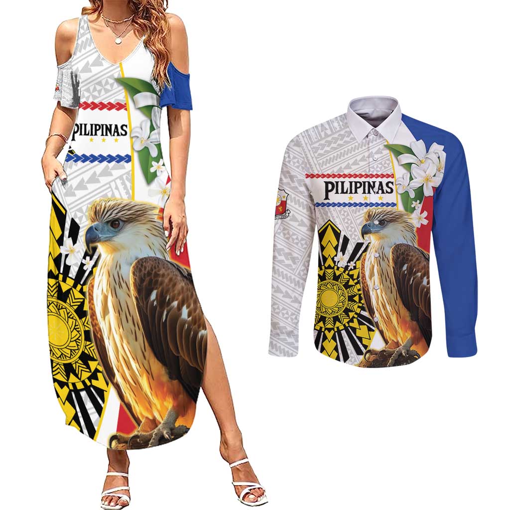 Personalised Philippines Eagle Couples Matching Summer Maxi Dress and Long Sleeve Button Shirt Filipino Sun Mix Sampaguita Flower LT14 White - Polynesian Pride
