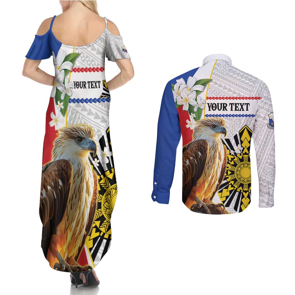 Personalised Philippines Eagle Couples Matching Summer Maxi Dress and Long Sleeve Button Shirt Filipino Sun Mix Sampaguita Flower