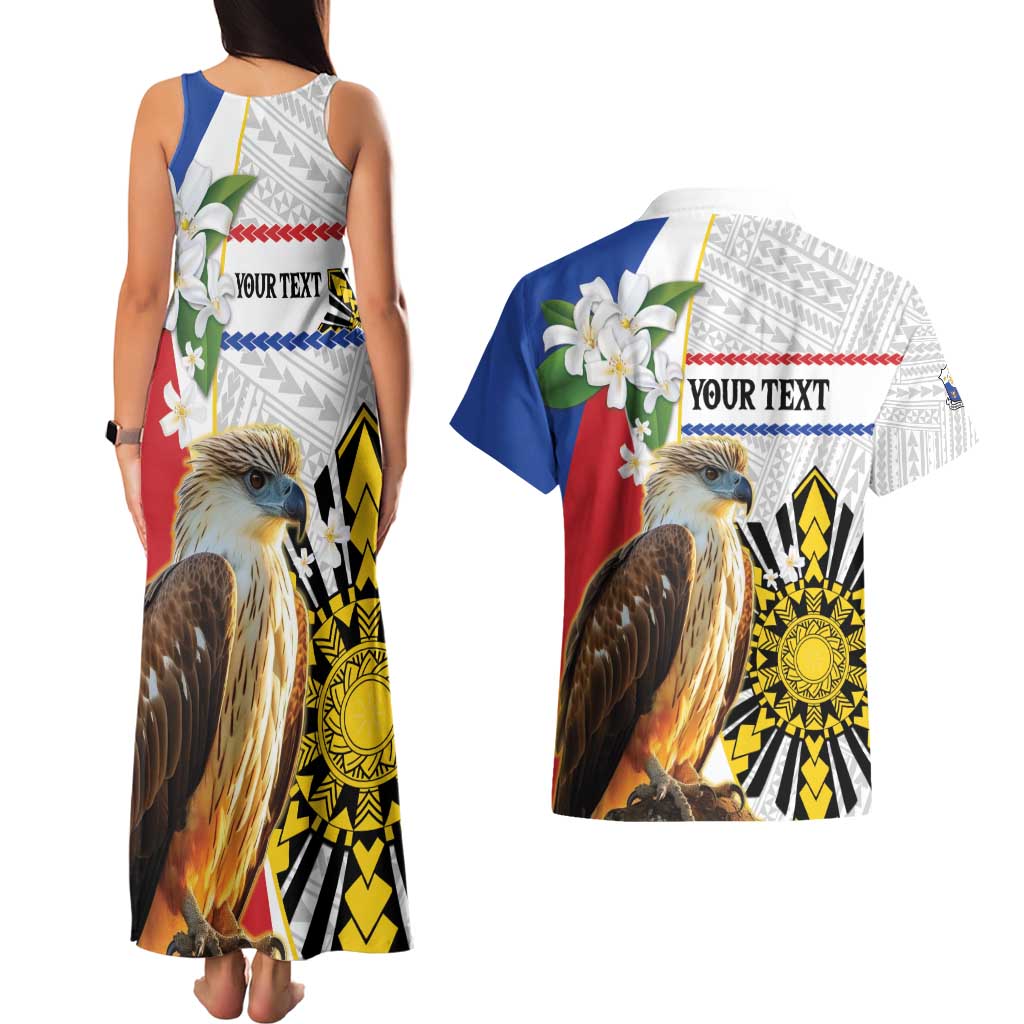 Personalised Philippines Eagle Couples Matching Tank Maxi Dress and Hawaiian Shirt Filipino Sun Mix Sampaguita Flower