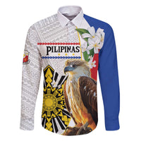 Personalised Philippines Eagle Family Matching Off The Shoulder Long Sleeve Dress and Hawaiian Shirt Filipino Sun Mix Sampaguita Flower LT14 Dad's Shirt - Long Sleeve White - Polynesian Pride