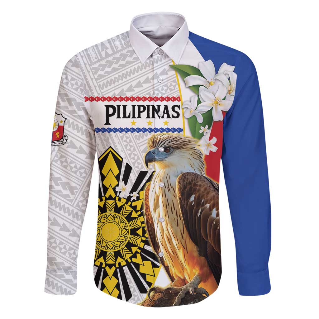 Personalised Philippines Eagle Family Matching Summer Maxi Dress and Hawaiian Shirt Filipino Sun Mix Sampaguita Flower LT14 Dad's Shirt - Long Sleeve White - Polynesian Pride