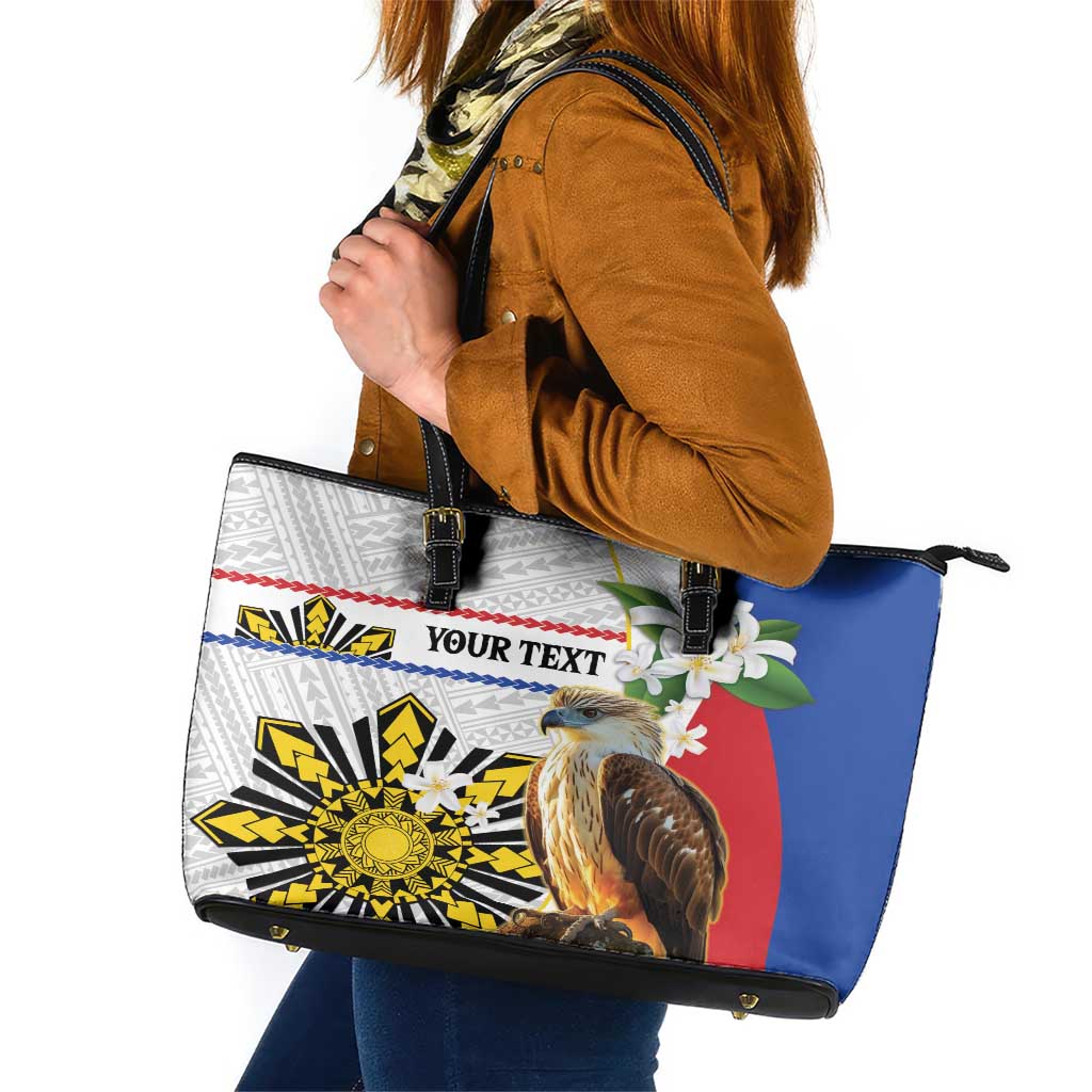 Personalised Philippines Eagle Leather Tote Bag Filipino Sun Mix Sampaguita Flower LT14 White - Polynesian Pride