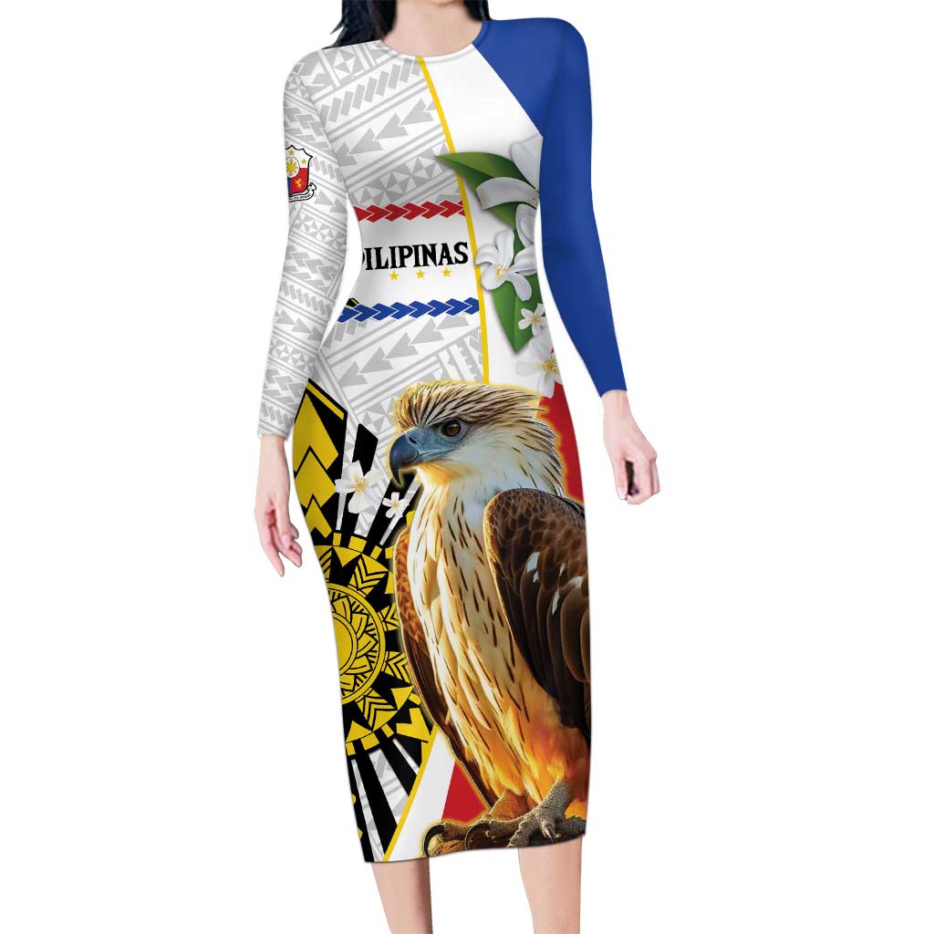 Personalised Philippines Eagle Long Sleeve Bodycon Dress Filipino Sun Mix Sampaguita Flower LT14 Long Dress White - Polynesian Pride