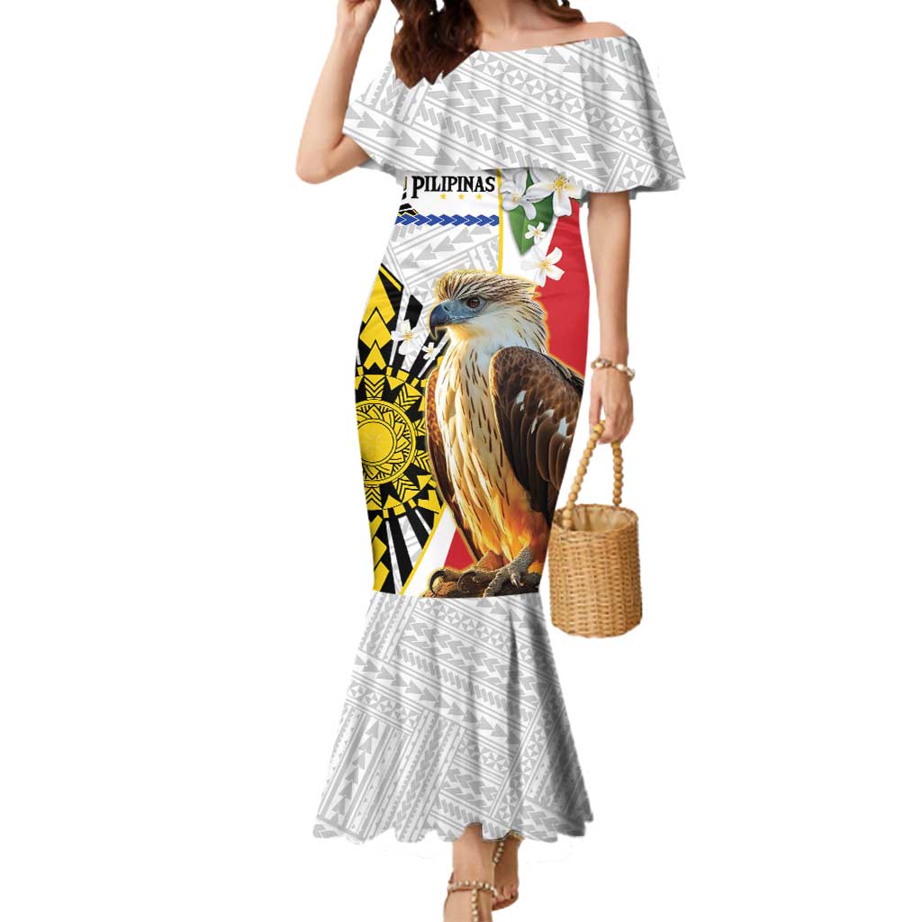 Personalised Philippines Eagle Mermaid Dress Filipino Sun Mix Sampaguita Flower LT14 Women White - Polynesian Pride