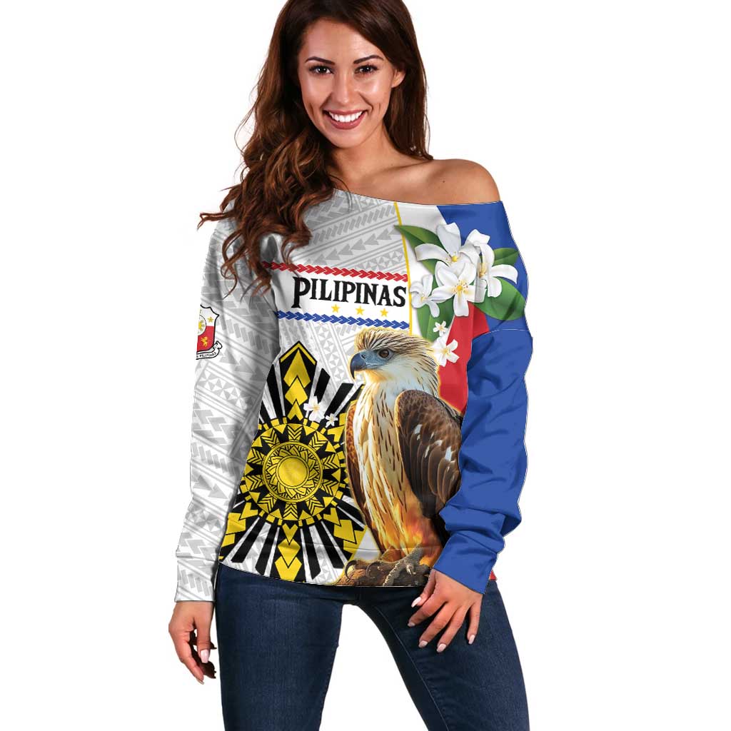 Personalised Philippines Eagle Off Shoulder Sweater Filipino Sun Mix Sampaguita Flower LT14 Women White - Polynesian Pride