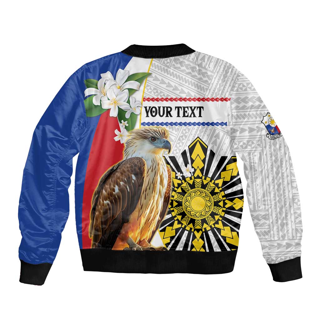 Personalised Philippines Eagle Sleeve Zip Bomber Jacket Filipino Sun Mix Sampaguita Flower