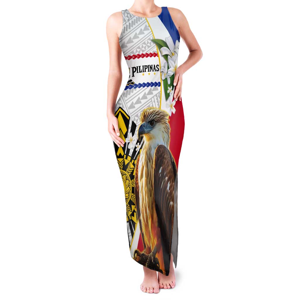 Personalised Philippines Eagle Tank Maxi Dress Filipino Sun Mix Sampaguita Flower LT14 Women White - Polynesian Pride