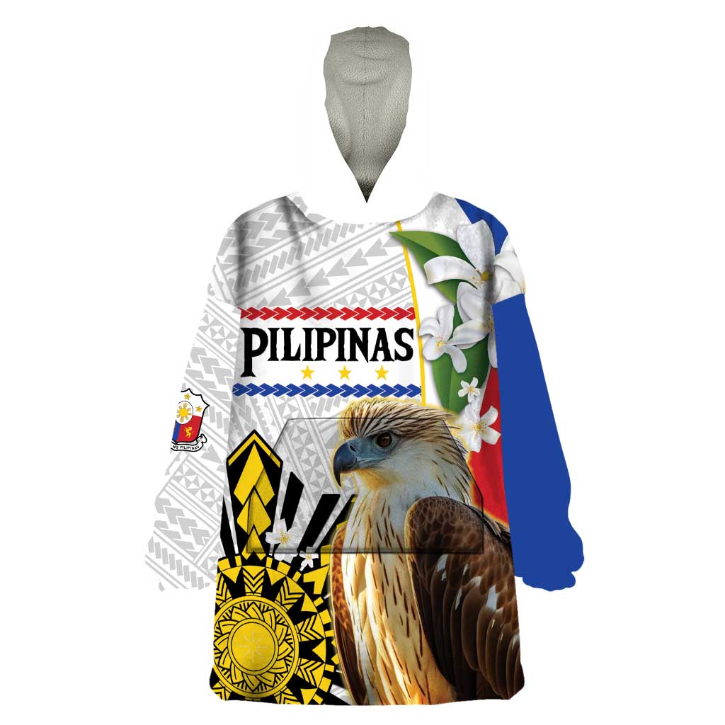 Personalised Philippines Eagle Wearable Blanket Hoodie Filipino Sun Mix Sampaguita Flower LT14 One Size White - Polynesian Pride