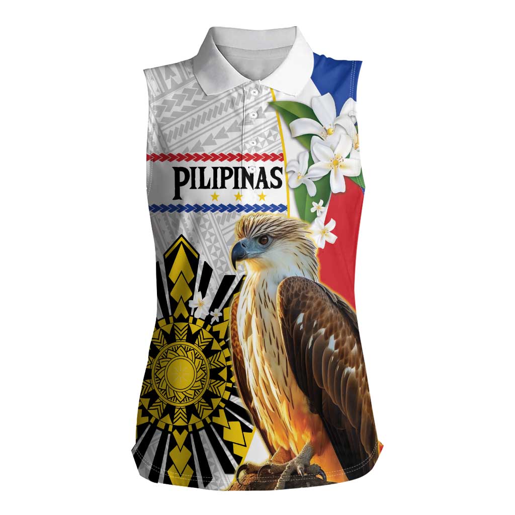 Personalised Philippines Eagle Women Sleeveless Polo Shirt Filipino Sun Mix Sampaguita Flower LT14 Female White - Polynesian Pride