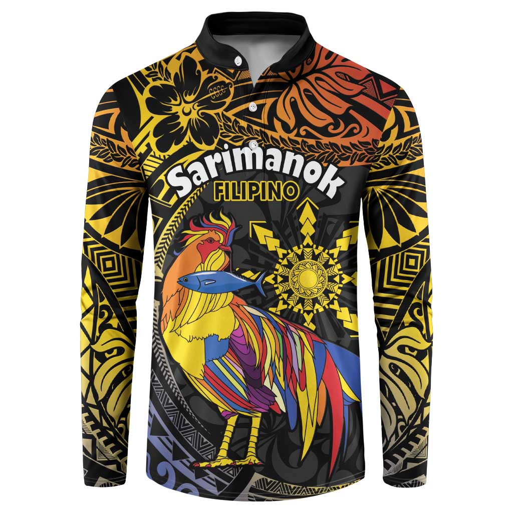 Philippines Sarimanok Button Sweatshirt Papanok Legendary Bird Okir Polynesian Pattern LT14 Black - Polynesian Pride