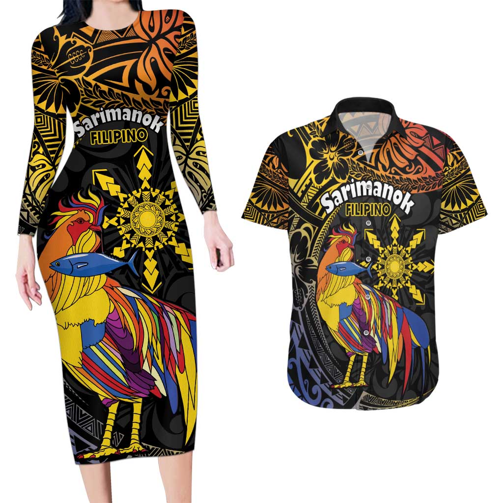 Philippines Sarimanok Couples Matching Long Sleeve Bodycon Dress and Hawaiian Shirt Papanok Legendary Bird Okir Polynesian Pattern LT14 Black - Polynesian Pride