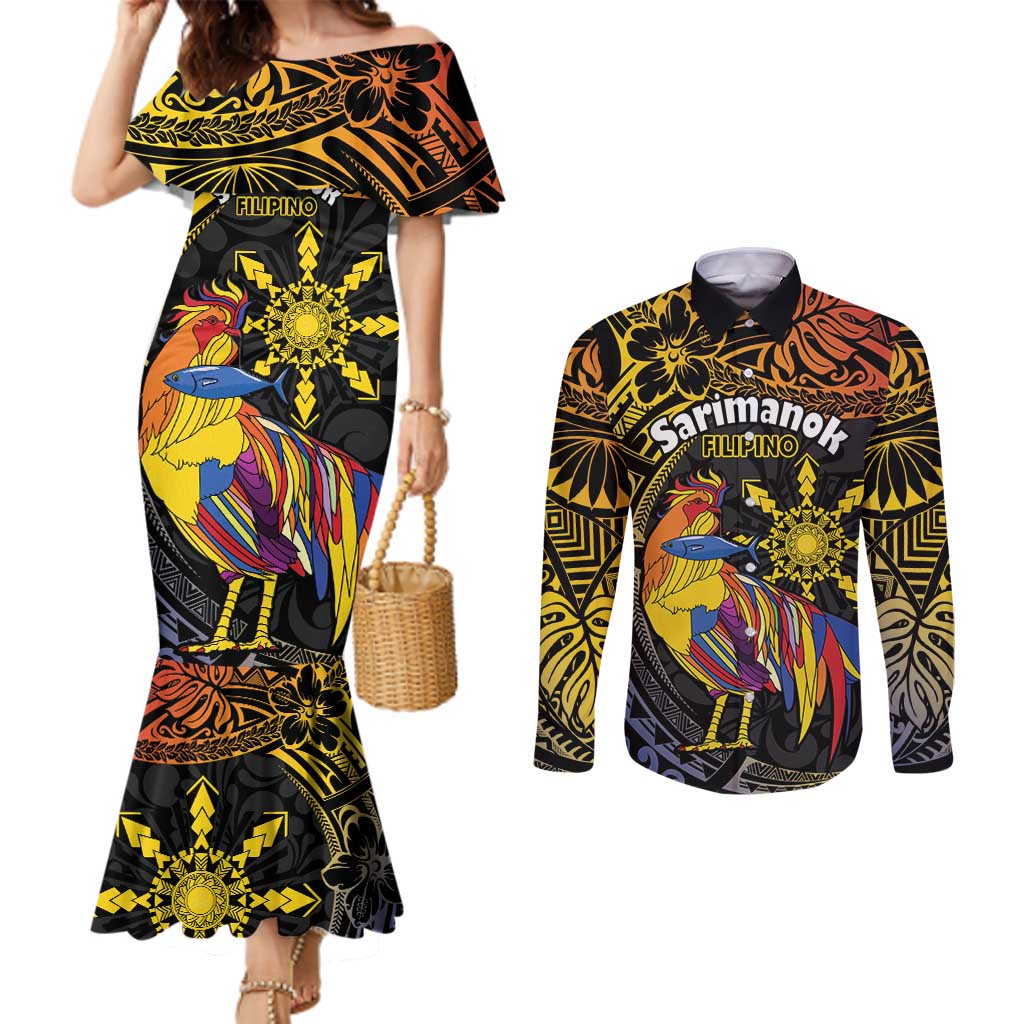 Philippines Sarimanok Couples Matching Mermaid Dress and Long Sleeve Button Shirt Papanok Legendary Bird Okir Polynesian Pattern LT14 Black - Polynesian Pride