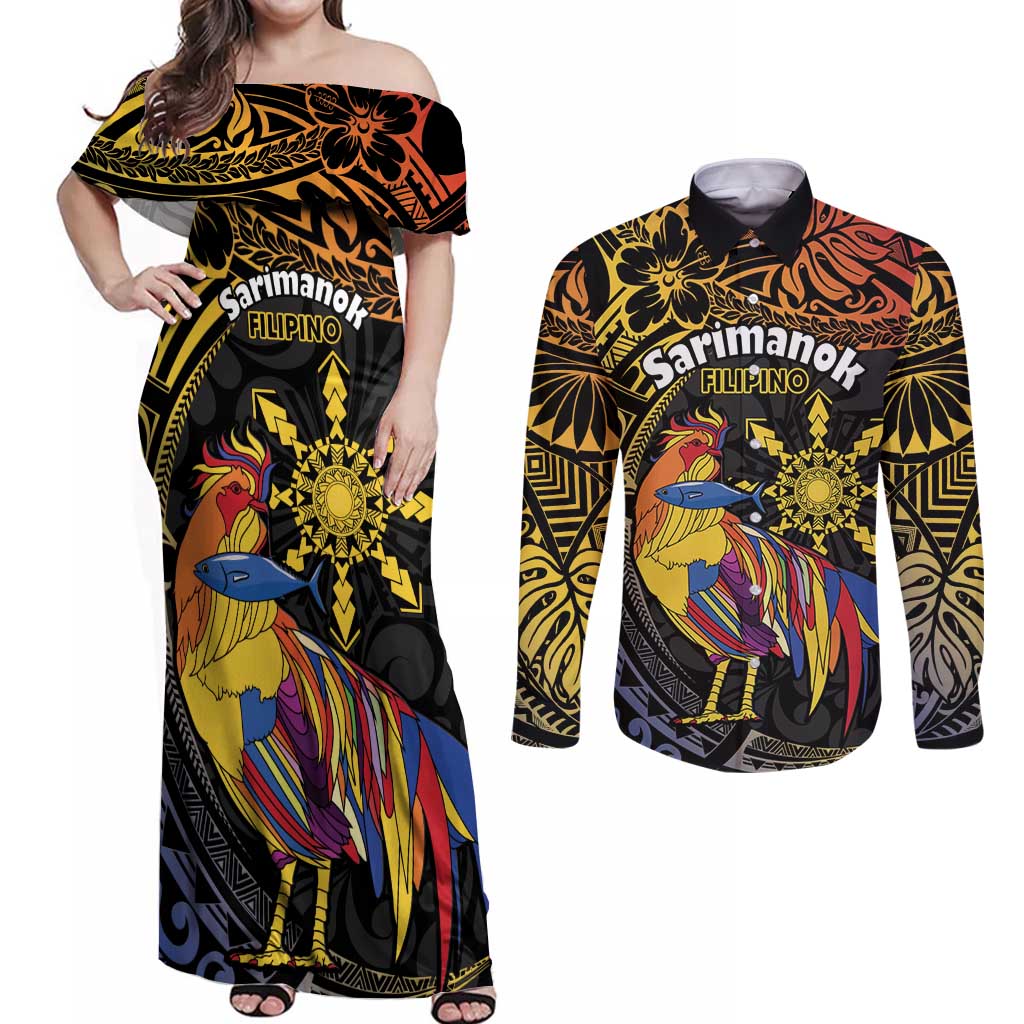 Philippines Sarimanok Couples Matching Off Shoulder Maxi Dress and Long Sleeve Button Shirt Papanok Legendary Bird Okir Polynesian Pattern LT14 Black - Polynesian Pride