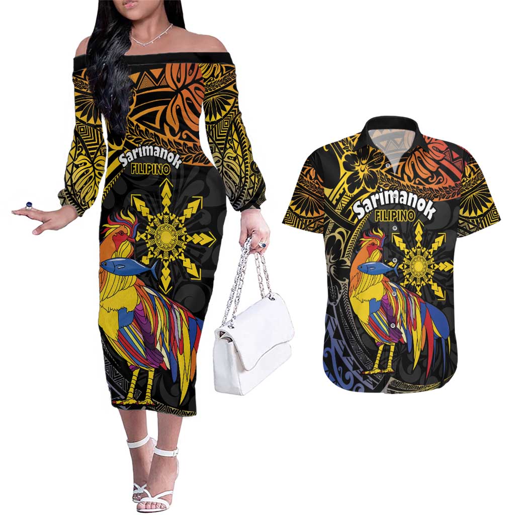 Philippines Sarimanok Couples Matching Off The Shoulder Long Sleeve Dress and Hawaiian Shirt Papanok Legendary Bird Okir Polynesian Pattern