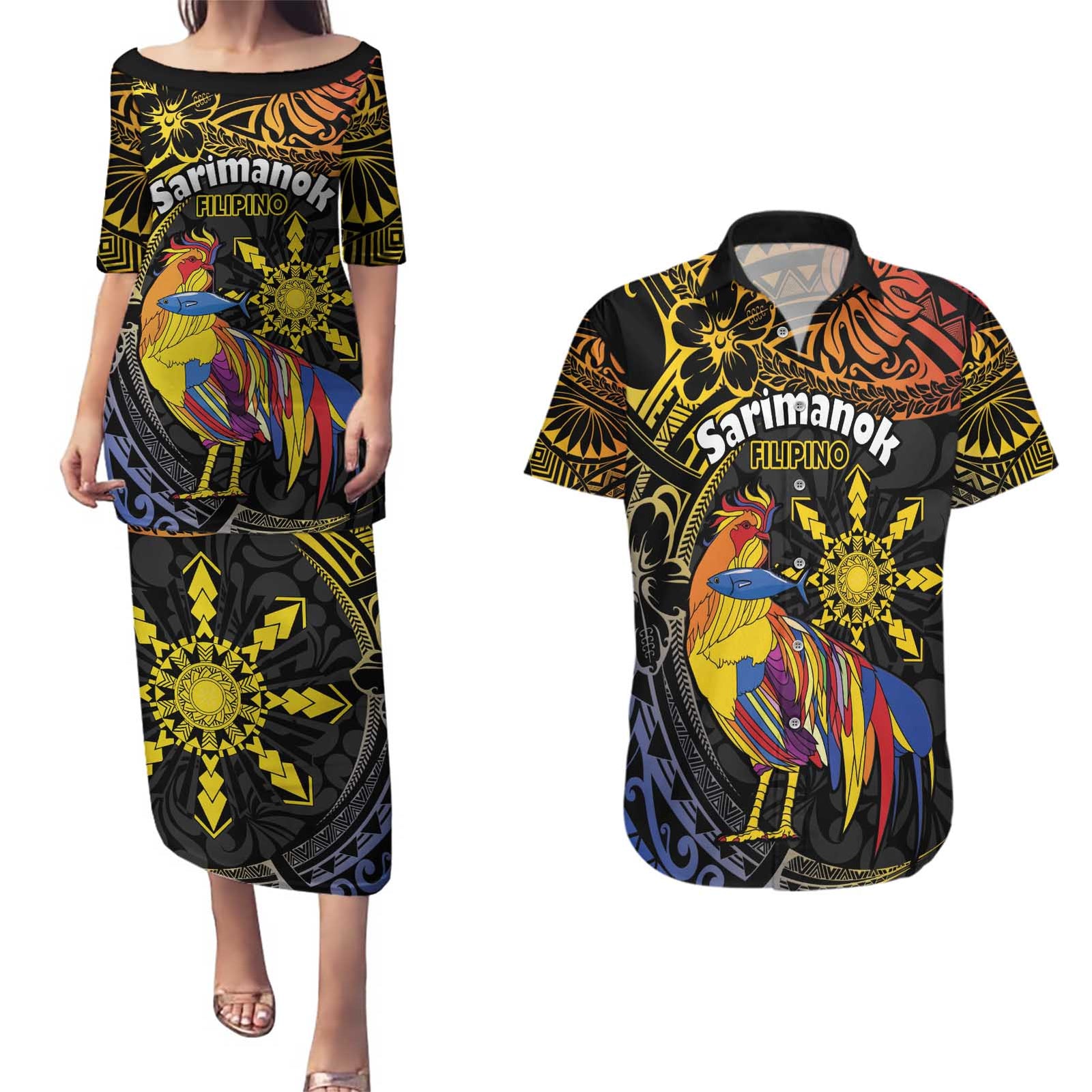 Philippines Sarimanok Couples Matching Puletasi and Hawaiian Shirt Papanok Legendary Bird Okir Polynesian Pattern LT14 Black - Polynesian Pride