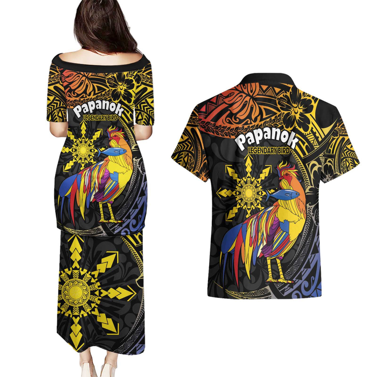 Philippines Sarimanok Couples Matching Puletasi and Hawaiian Shirt Papanok Legendary Bird Okir Polynesian Pattern