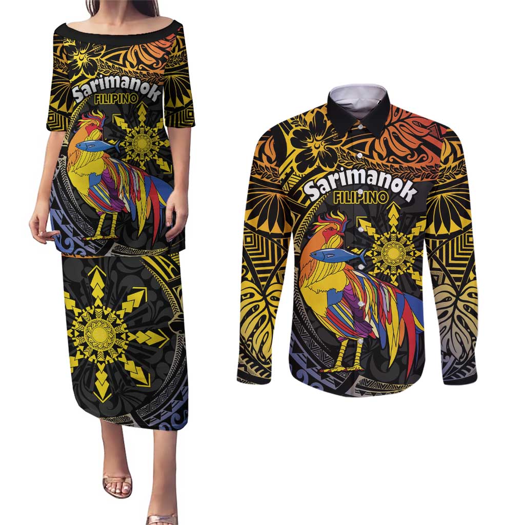 Philippines Sarimanok Couples Matching Puletasi and Long Sleeve Button Shirt Papanok Legendary Bird Okir Polynesian Pattern LT14 Black - Polynesian Pride