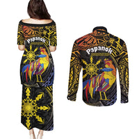 Philippines Sarimanok Couples Matching Puletasi and Long Sleeve Button Shirt Papanok Legendary Bird Okir Polynesian Pattern