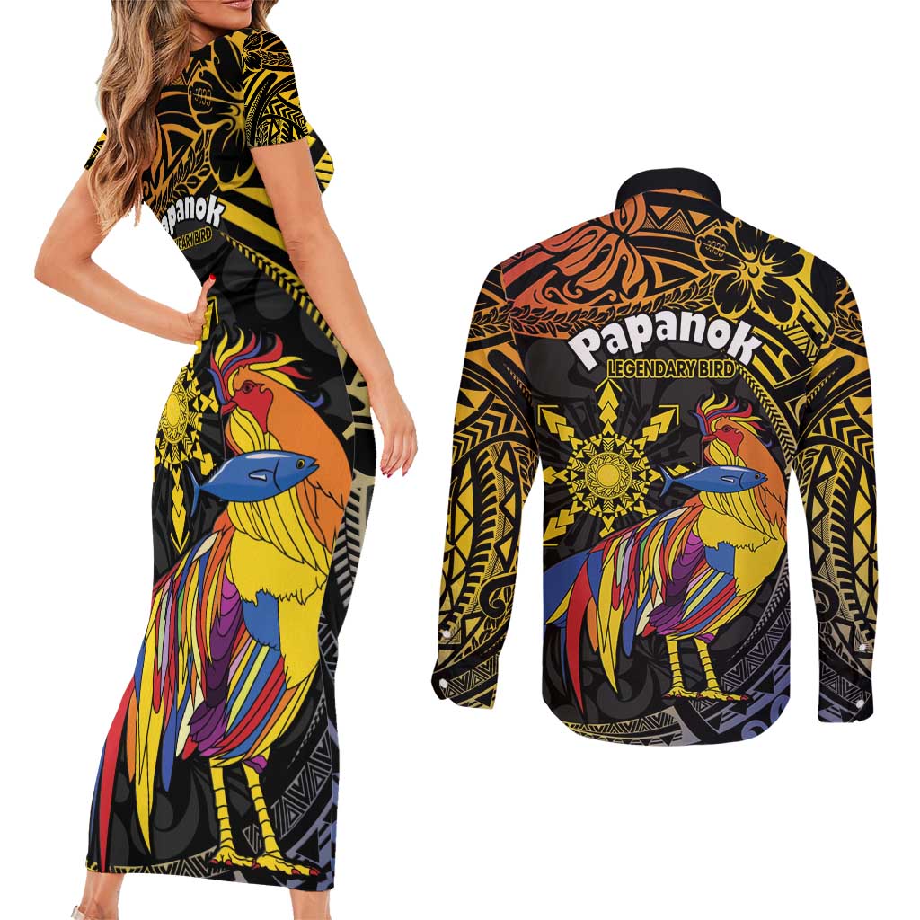 Philippines Sarimanok Couples Matching Short Sleeve Bodycon Dress and Long Sleeve Button Shirt Papanok Legendary Bird Okir Polynesian Pattern