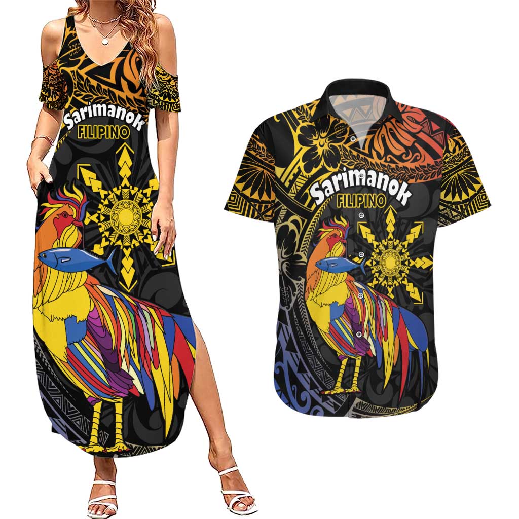 Philippines Sarimanok Couples Matching Summer Maxi Dress and Hawaiian Shirt Papanok Legendary Bird Okir Polynesian Pattern LT14 Black - Polynesian Pride