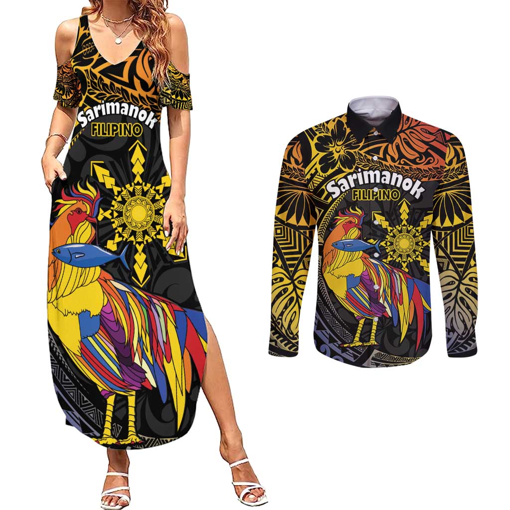 Philippines Sarimanok Couples Matching Summer Maxi Dress and Long Sleeve Button Shirt Papanok Legendary Bird Okir Polynesian Pattern LT14 Black - Polynesian Pride
