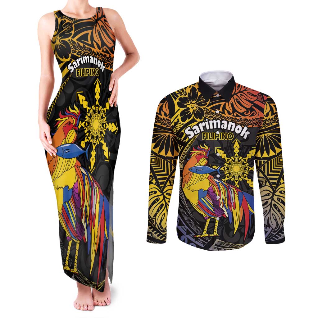 Philippines Sarimanok Couples Matching Tank Maxi Dress and Long Sleeve Button Shirt Papanok Legendary Bird Okir Polynesian Pattern LT14 Black - Polynesian Pride