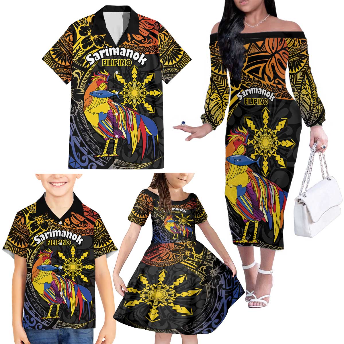 Philippines Sarimanok Family Matching Off The Shoulder Long Sleeve Dress and Hawaiian Shirt Papanok Legendary Bird Okir Polynesian Pattern LT14 - Polynesian Pride