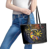 Philippines Sarimanok Leather Tote Bag Papanok Legendary Bird Okir Polynesian Pattern