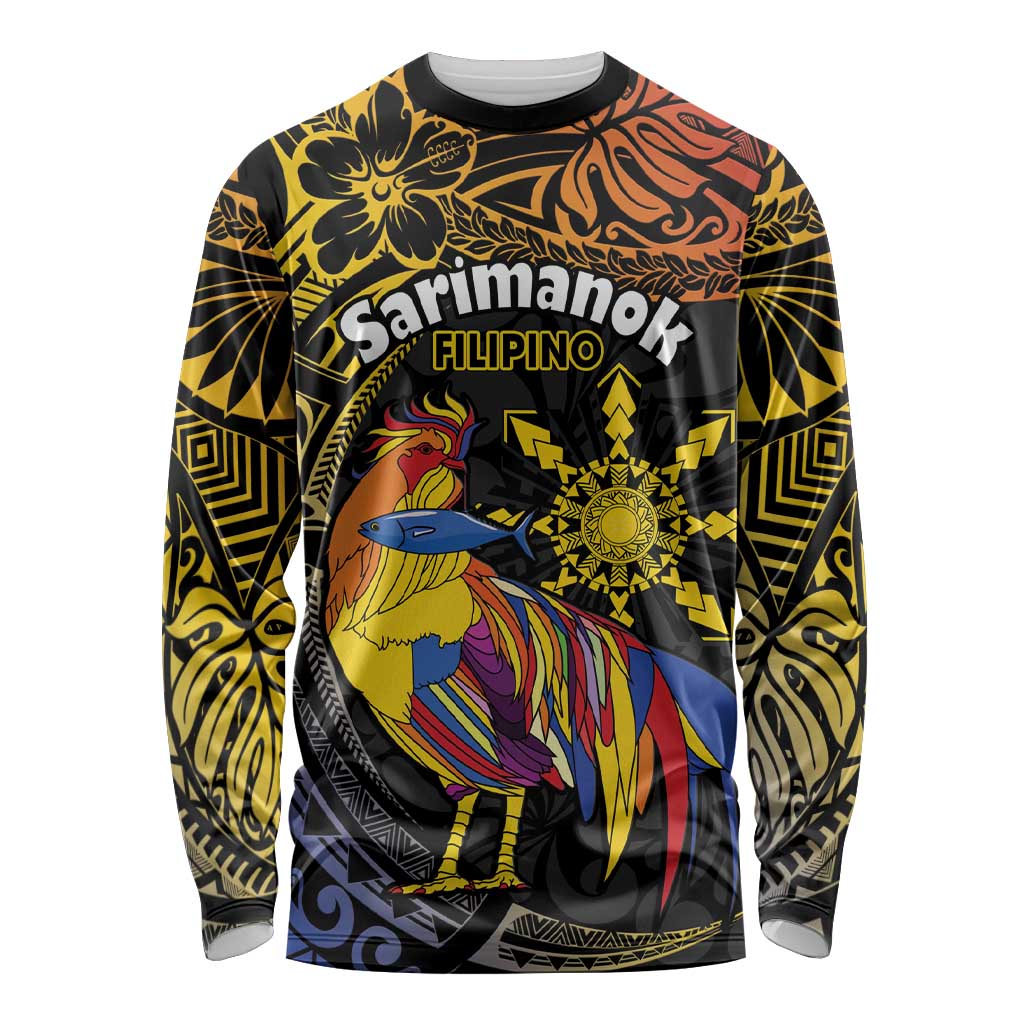 Philippines Sarimanok Long Sleeve Shirt Papanok Legendary Bird Okir Polynesian Pattern LT14 Unisex Black - Polynesian Pride