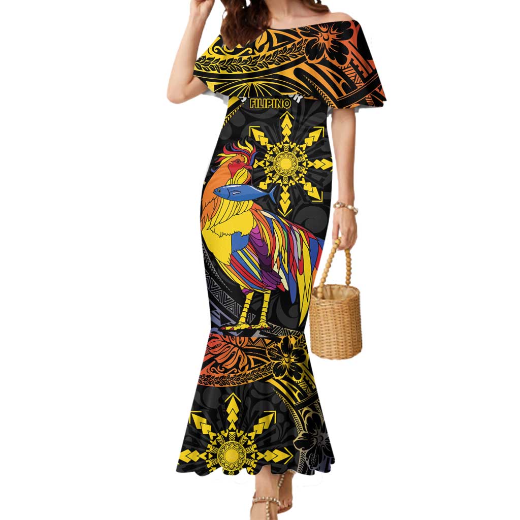 Philippines Sarimanok Mermaid Dress Papanok Legendary Bird Okir Polynesian Pattern LT14 Women Black - Polynesian Pride