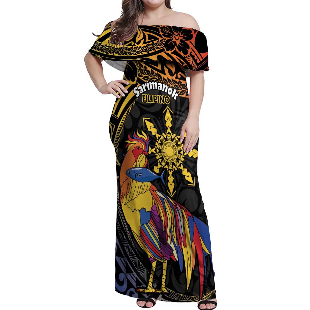 Philippines Sarimanok Off Shoulder Maxi Dress Papanok Legendary Bird Okir Polynesian Pattern LT14 Women Black - Polynesian Pride