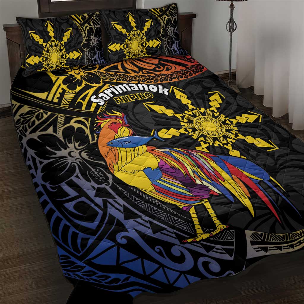 Philippines Sarimanok Quilt Bed Set Papanok Legendary Bird Okir Polynesian Pattern LT14 Black - Polynesian Pride