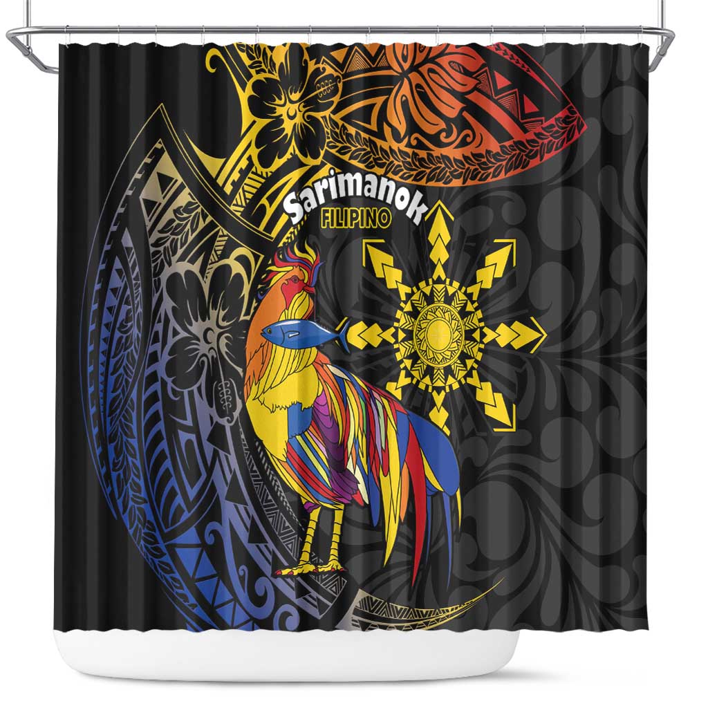 Philippines Sarimanok Shower Curtain Papanok Legendary Bird Okir Polynesian Pattern LT14 Black - Polynesian Pride