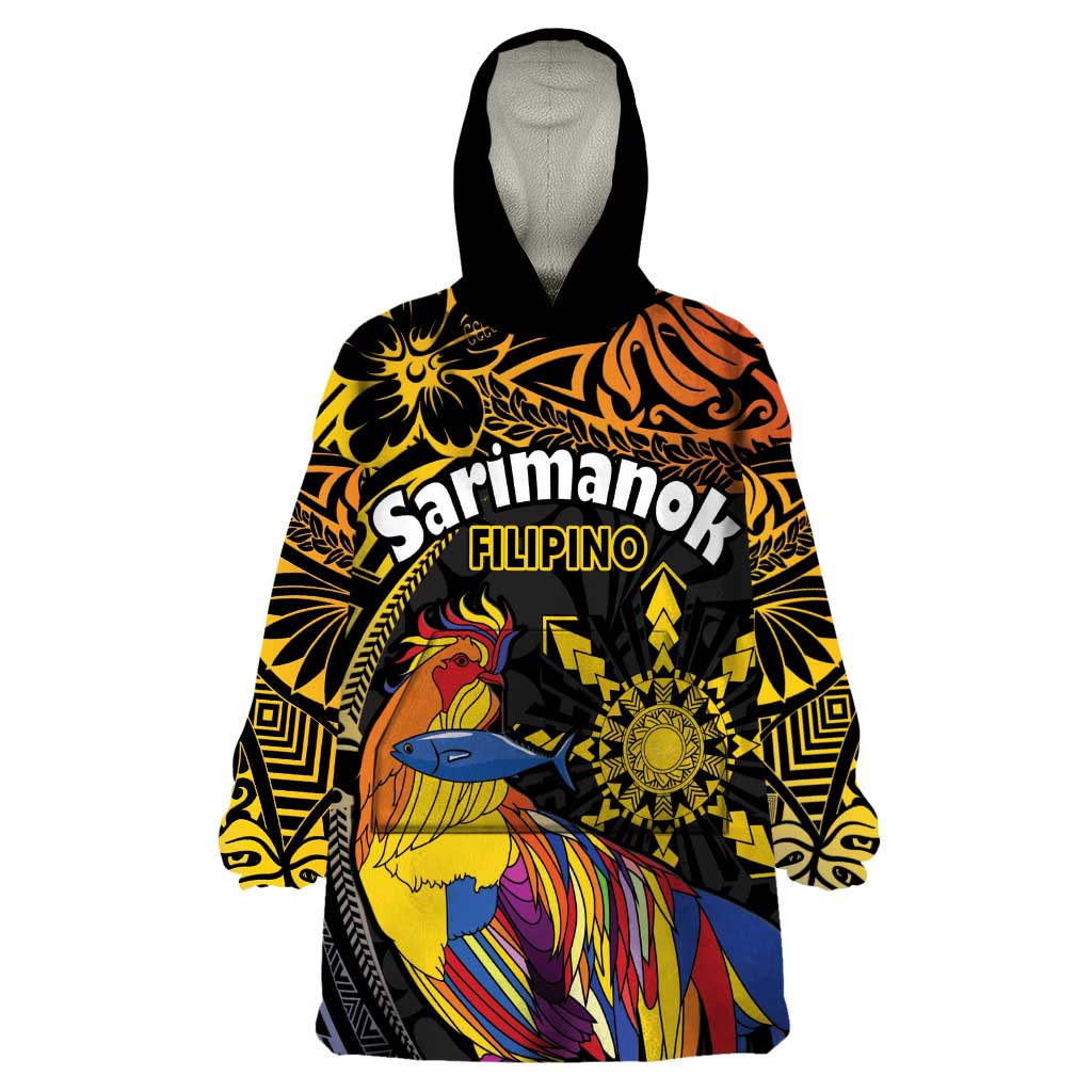 Philippines Sarimanok Wearable Blanket Hoodie Papanok Legendary Bird Okir Polynesian Pattern LT14 One Size Black - Polynesian Pride