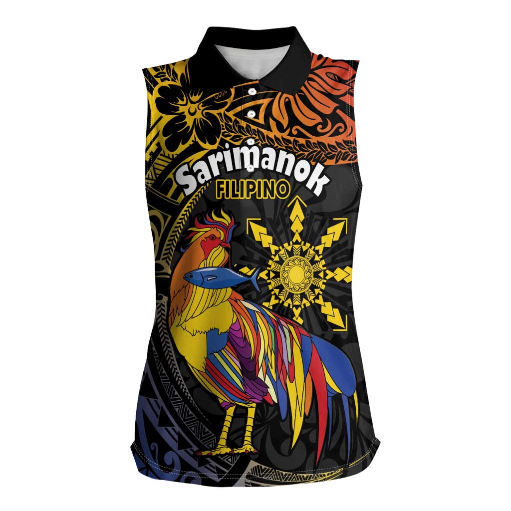 Philippines Sarimanok Women Sleeveless Polo Shirt Papanok Legendary Bird Okir Polynesian Pattern LT14 Female Black - Polynesian Pride