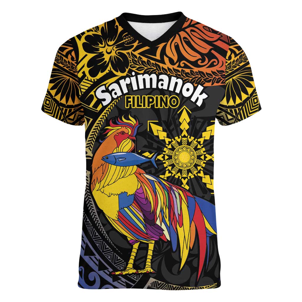 Philippines Sarimanok Women V-Neck T-Shirt Papanok Legendary Bird Okir Polynesian Pattern LT14 Female Black - Polynesian Pride
