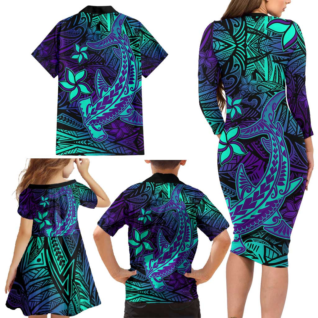 Purple Polynesian Family Matching Long Sleeve Bodycon Dress and Hawaiian Shirt Tribal Hammerhead Shark LT14