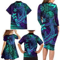 Purple Polynesian Family Matching Long Sleeve Bodycon Dress and Hawaiian Shirt Tribal Hammerhead Shark LT14