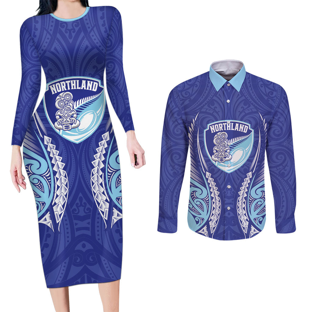 Northland 2026 Rugby Custom Couples Matching Long Sleeve Bodycon Dress and Long Sleeve Button Shirt NZ Maori Silver Fern LT14 Blue - Polynesian Pride
