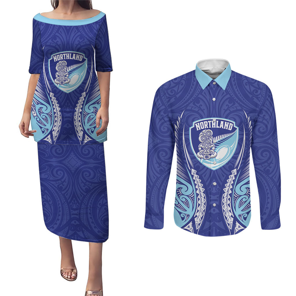 Northland 2026 Rugby Custom Couples Matching Puletasi and Long Sleeve Button Shirt NZ Maori Silver Fern LT14 Blue - Polynesian Pride