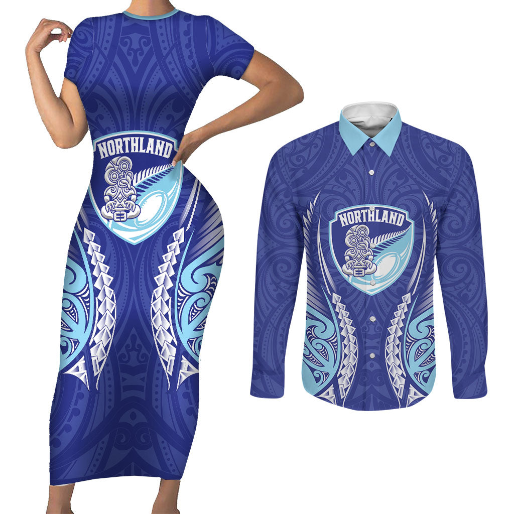 Northland 2026 Rugby Custom Couples Matching Short Sleeve Bodycon Dress and Long Sleeve Button Shirt NZ Maori Silver Fern LT14 Blue - Polynesian Pride