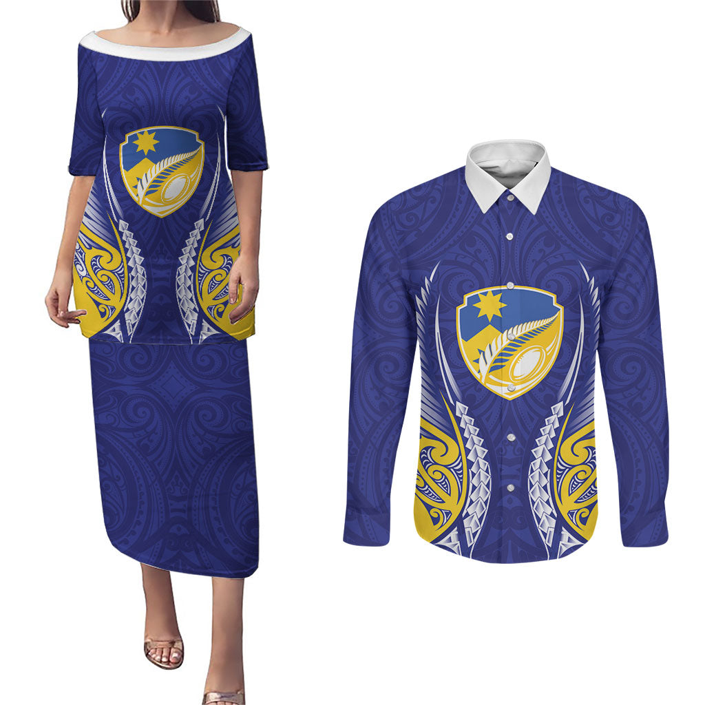 Otago 2026 Rugby Custom Couples Matching Puletasi and Long Sleeve Button Shirt NZ Maori Silver Fern LT14 Blue - Polynesian Pride
