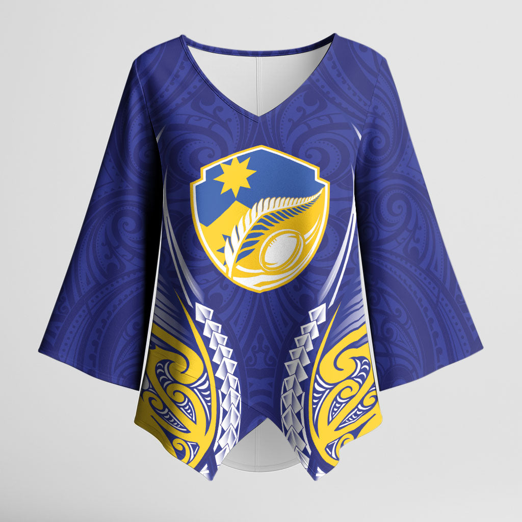 Otago 2026 Rugby Custom Kimono Sleeve Blouse NZ Maori Silver Fern LT14 Female Blue - Polynesian Pride