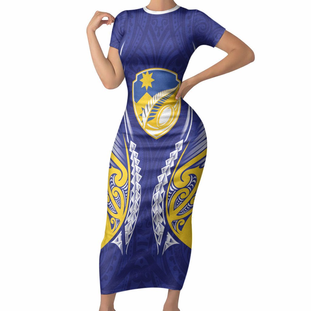 Otago 2026 Rugby Custom Short Sleeve Bodycon Dress NZ Maori Silver Fern LT14 Long Dress Blue - Polynesian Pride