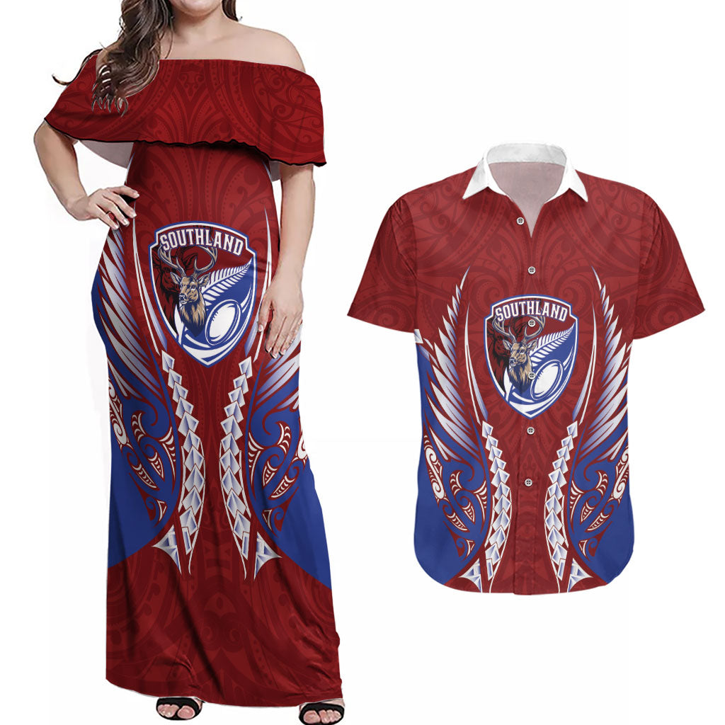 Southland 2026 Rugby Custom Couples Matching Off Shoulder Maxi Dress and Hawaiian Shirt NZ Maori Silver Fern LT14 Maroon - Polynesian Pride