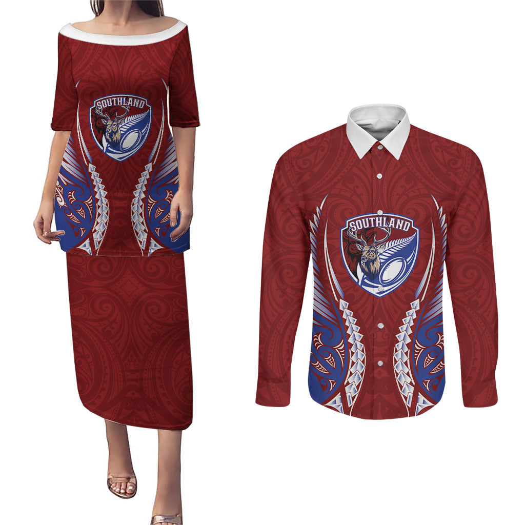 Southland 2026 Rugby Custom Couples Matching Puletasi and Long Sleeve Button Shirt NZ Maori Silver Fern LT14 Maroon - Polynesian Pride