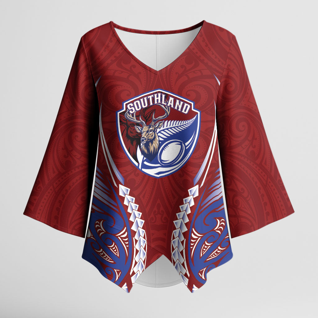 Southland 2026 Rugby Custom Kimono Sleeve Blouse NZ Maori Silver Fern LT14 Female Maroon - Polynesian Pride