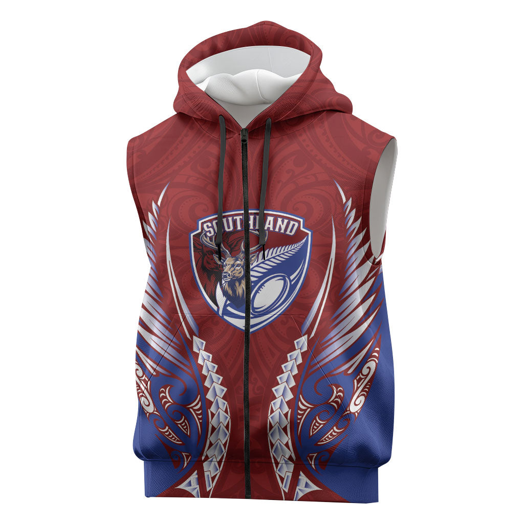 Southland 2026 Rugby Custom Sleeveless Zip Hoodie NZ Maori Silver Fern LT14 Maroon - Polynesian Pride